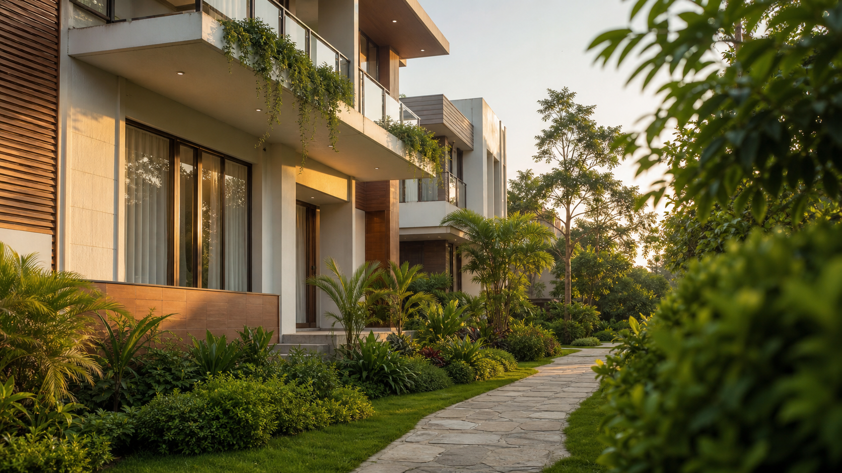 A contemporary Brinda Estate residential community surrounded by landscaped greenery