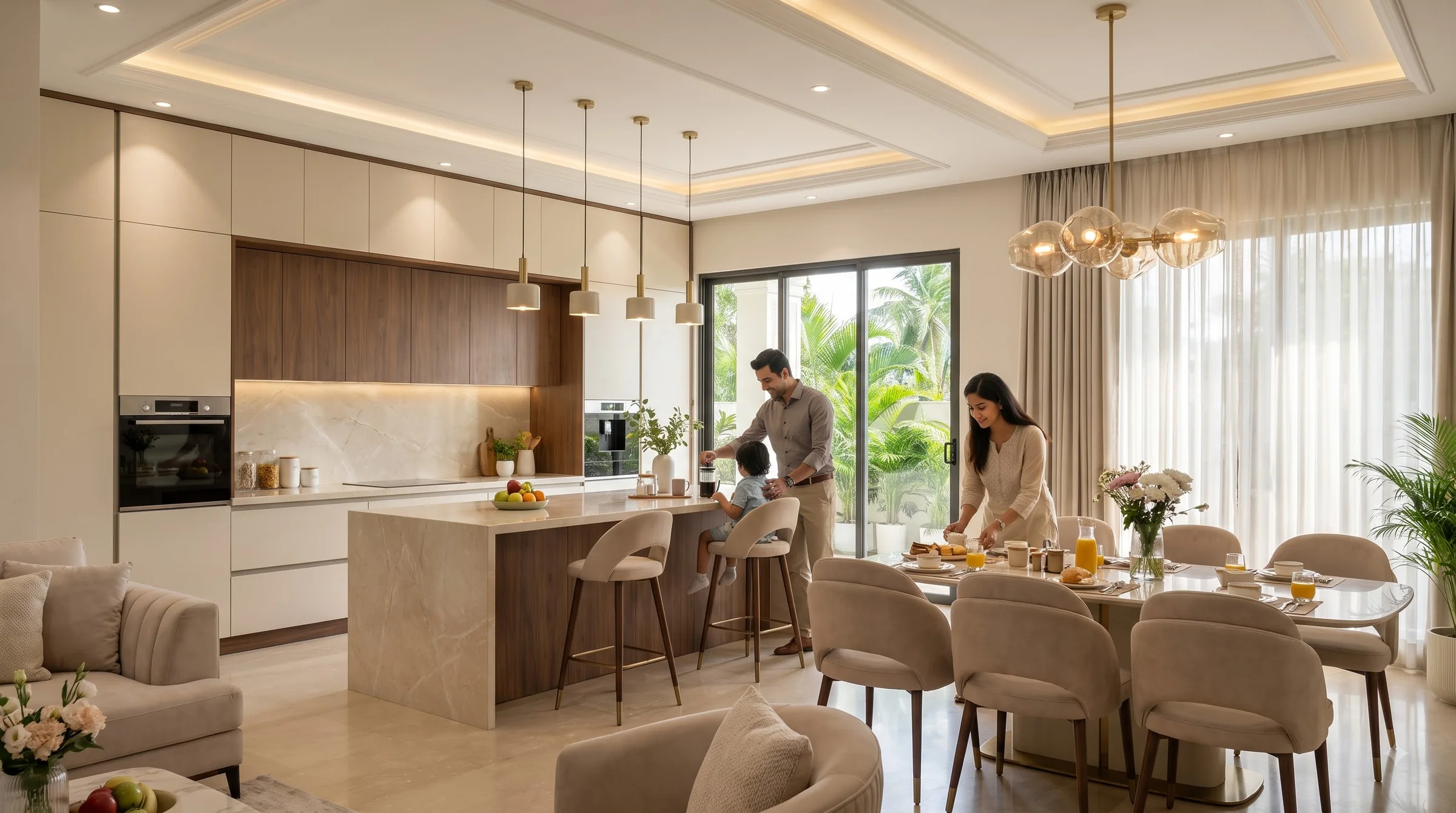 A family preparing breakfast together in a spacious contemporary Gardenia kitchen