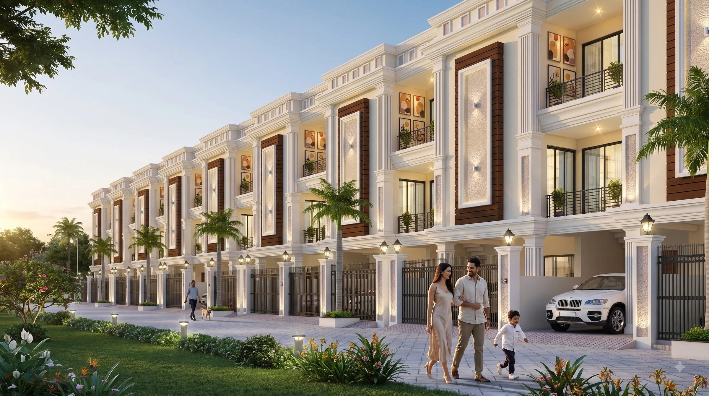 A young family walking through the landscaped avenues of Brinda Gardenia