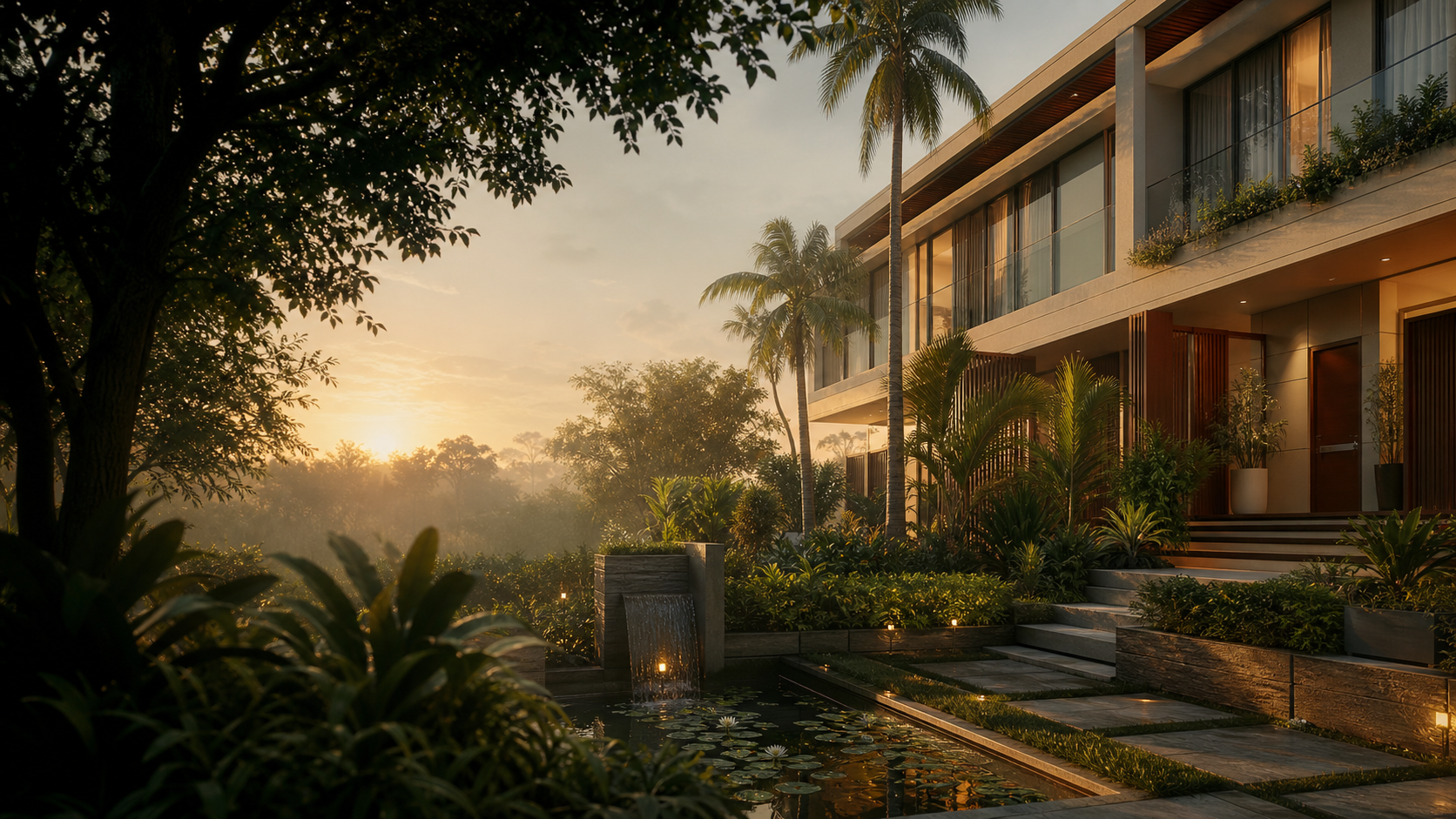 Sunrise over a landscaped garden terrace and an elegant contemporary villa