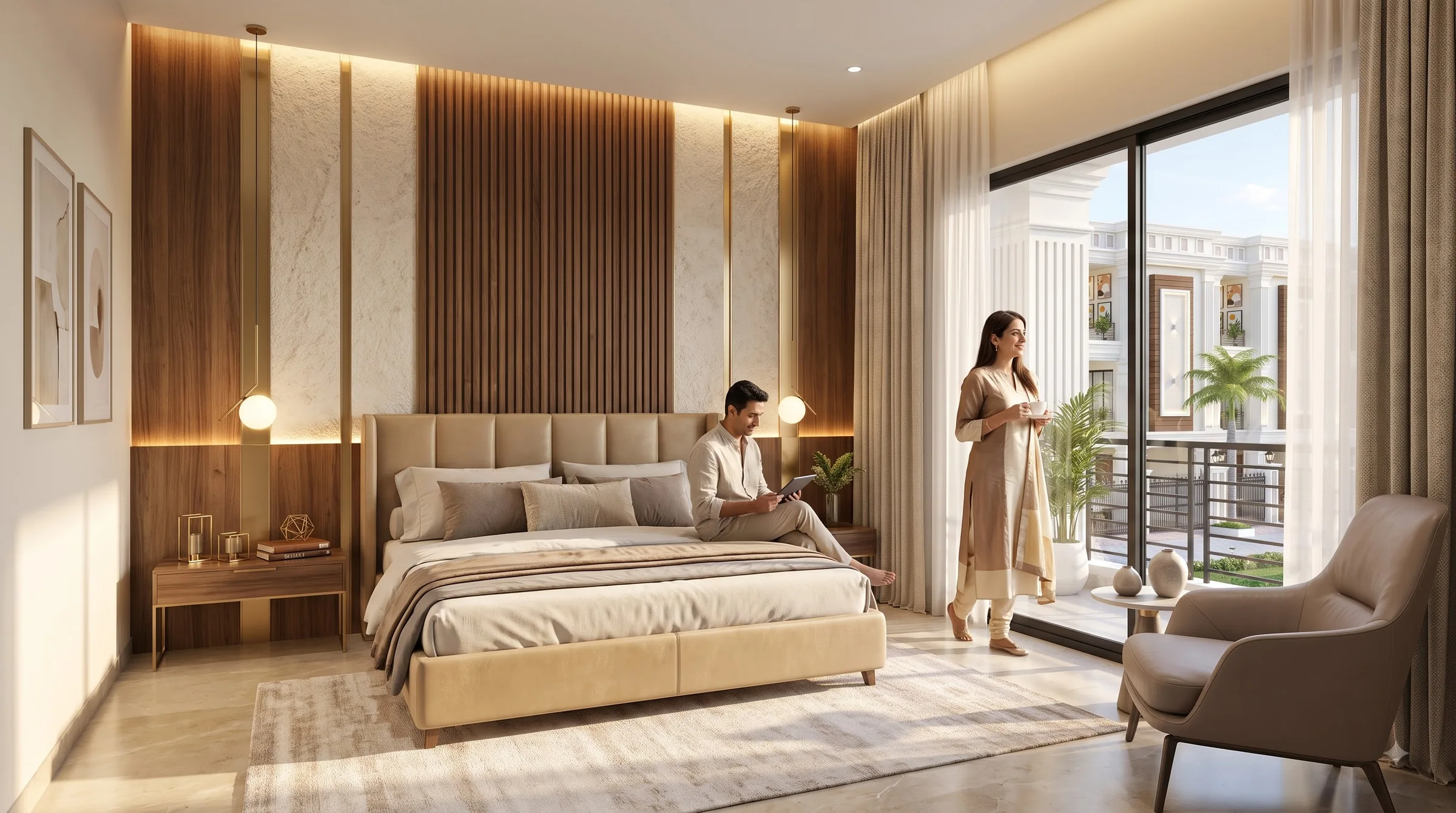 A couple relaxing in a warm, spacious Brinda Gardenia master bedroom