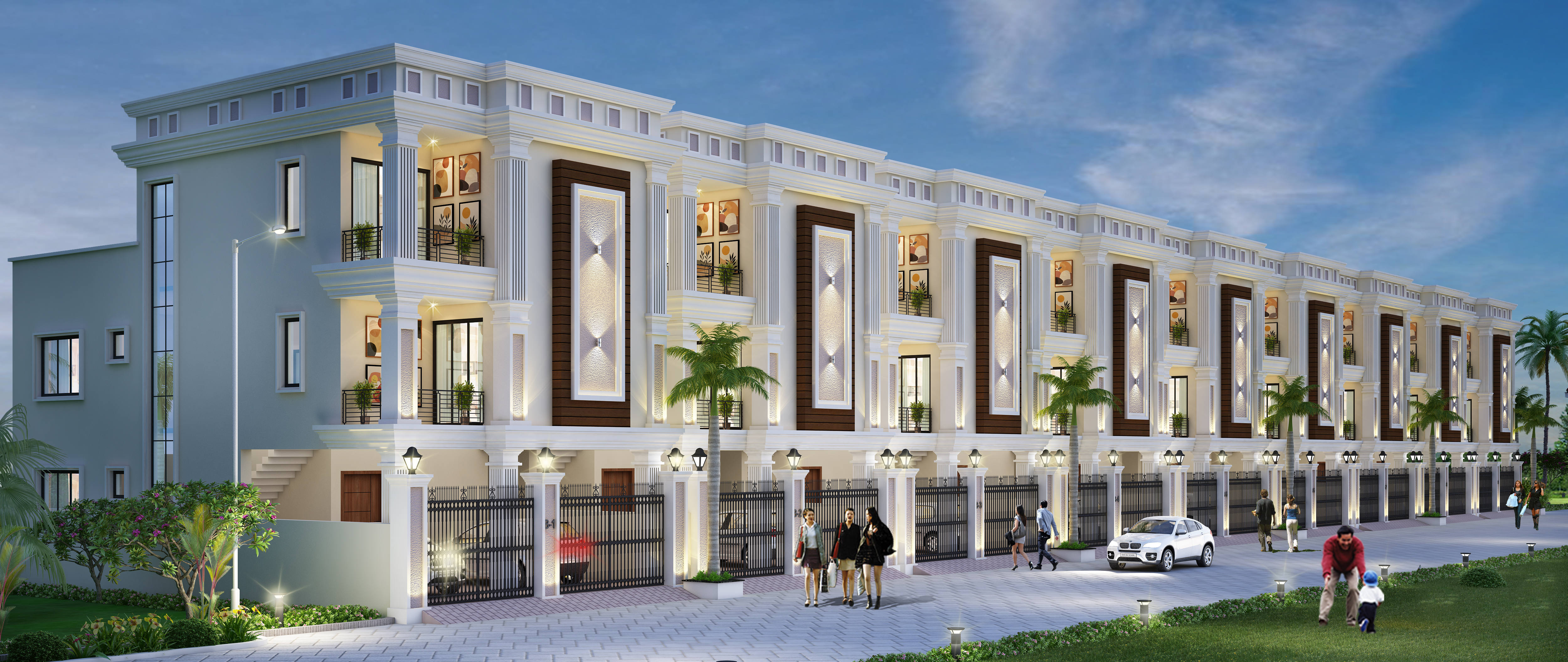 Brinda Gardenia triplex residences framed by landscaped greenery