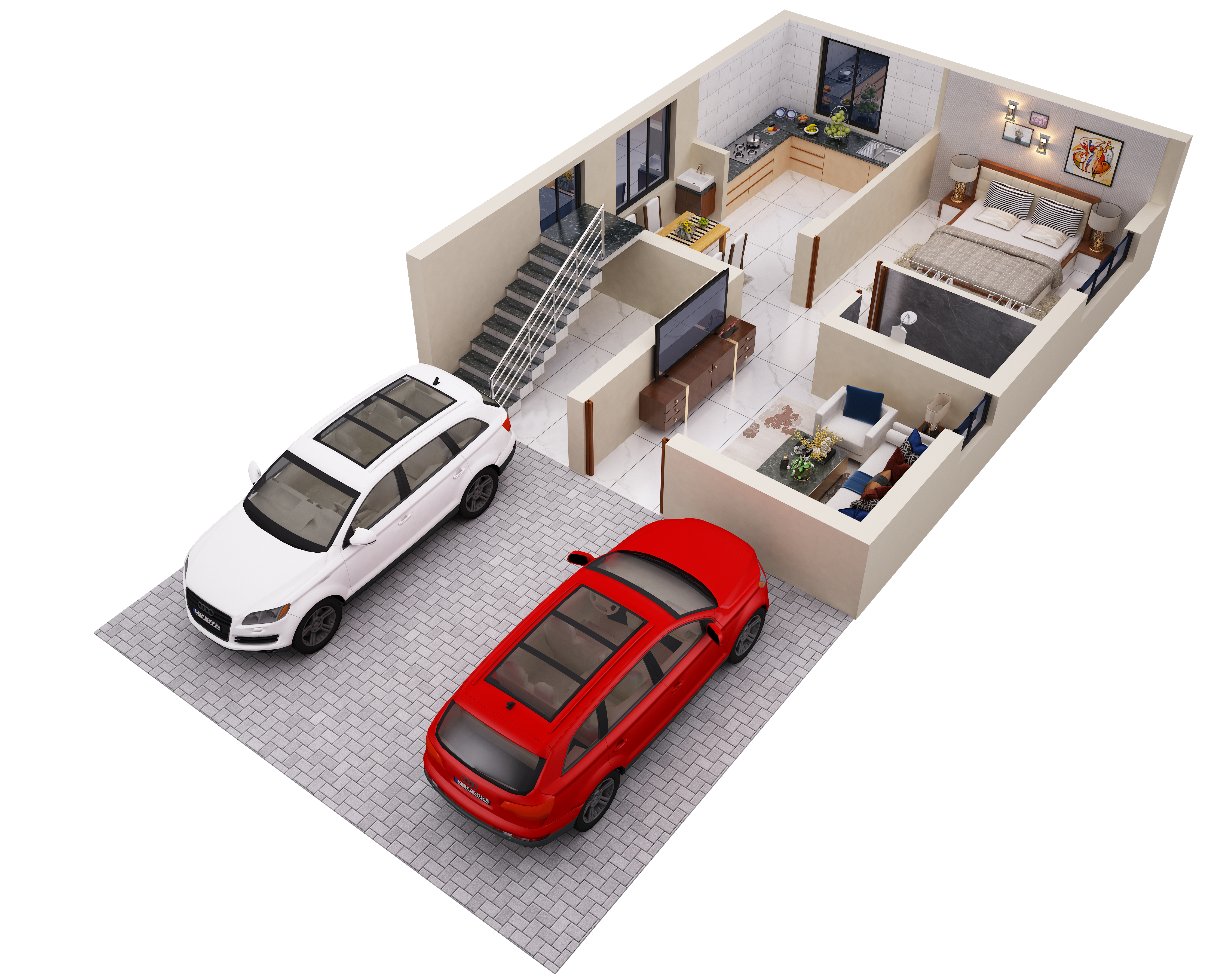 Brinda Gardenia ground floor interior perspective with parking and living spaces